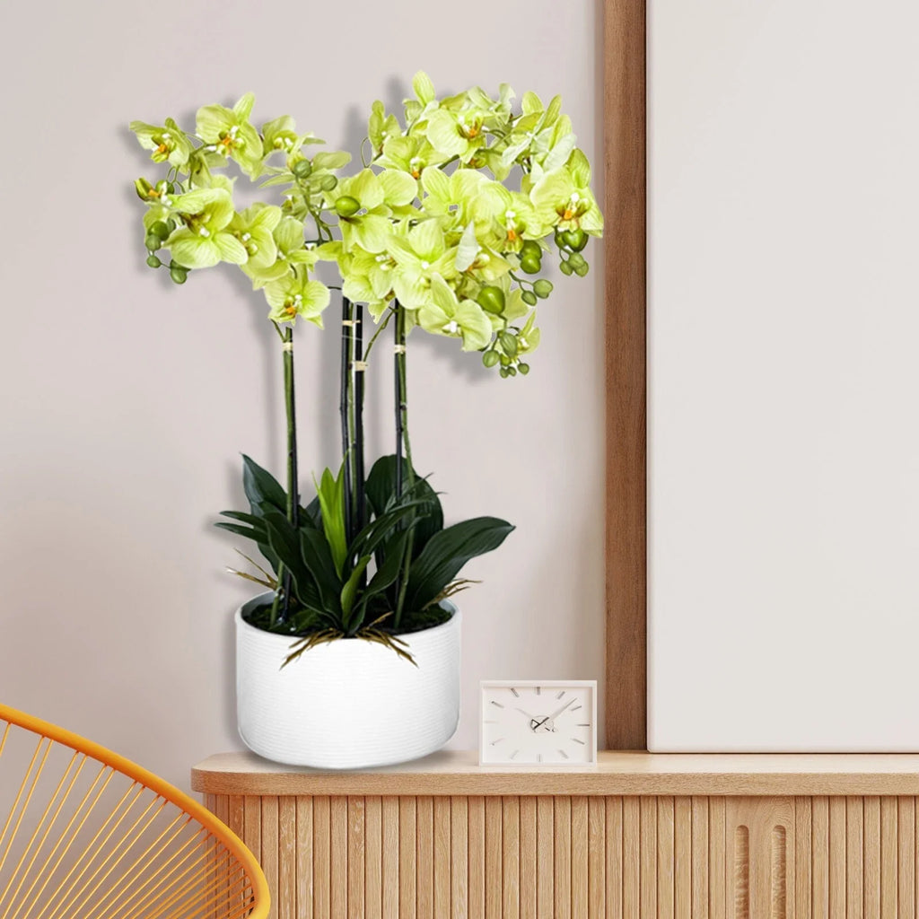 29" Artificial Flowers Potted Faux Realistic Green Orchid in Ceramic Pot Decor