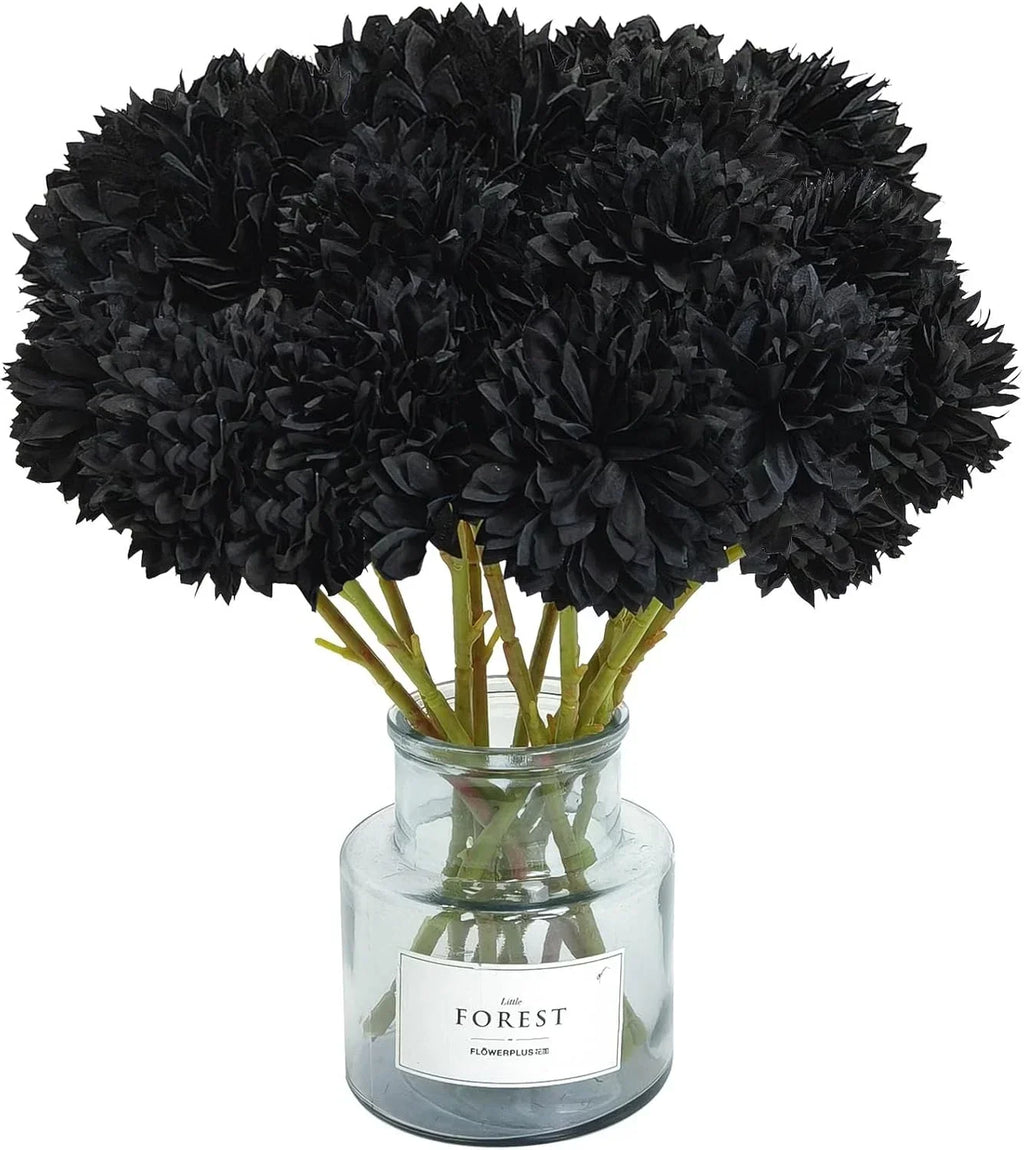 12 Pcs Faux Ball Chrysanthemum Bouquet Black Flowers for Home Halloween Party Fa